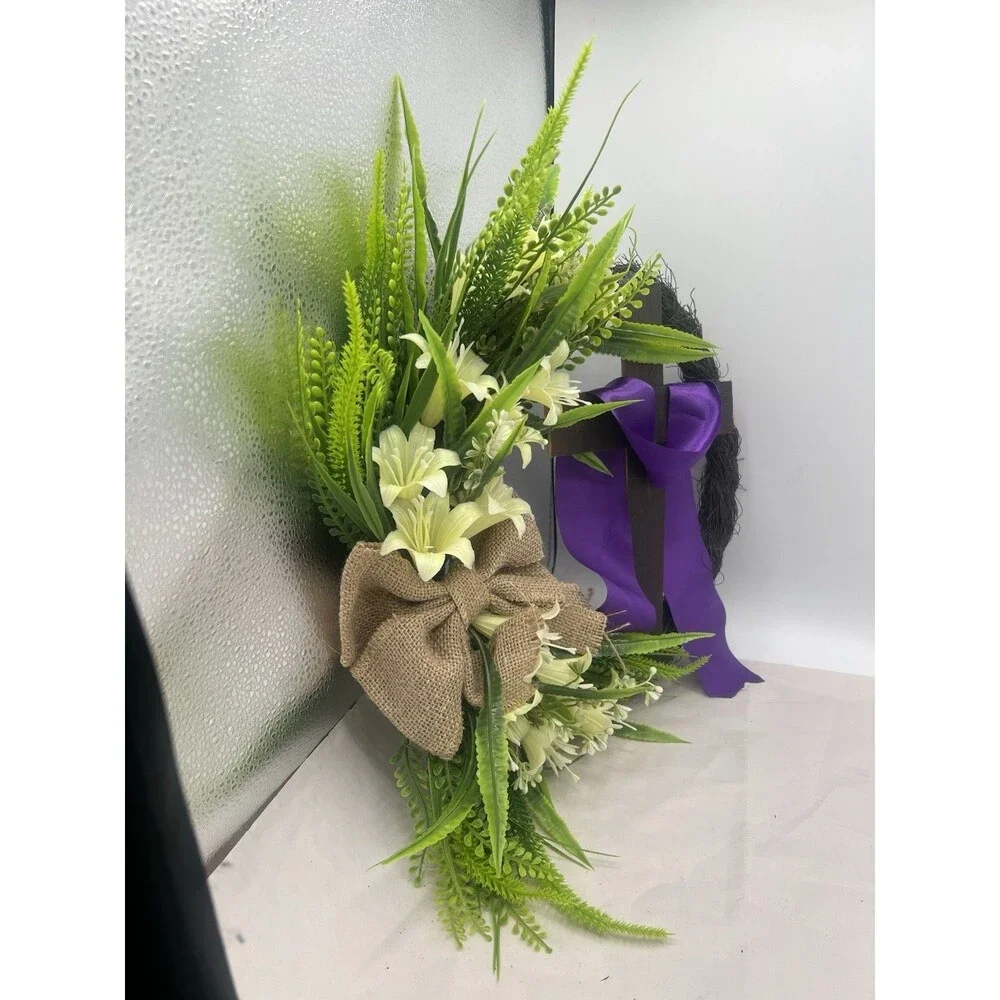 Easter Wreath Door Hanging Decoration with Cross,Bouquet Garland 12”